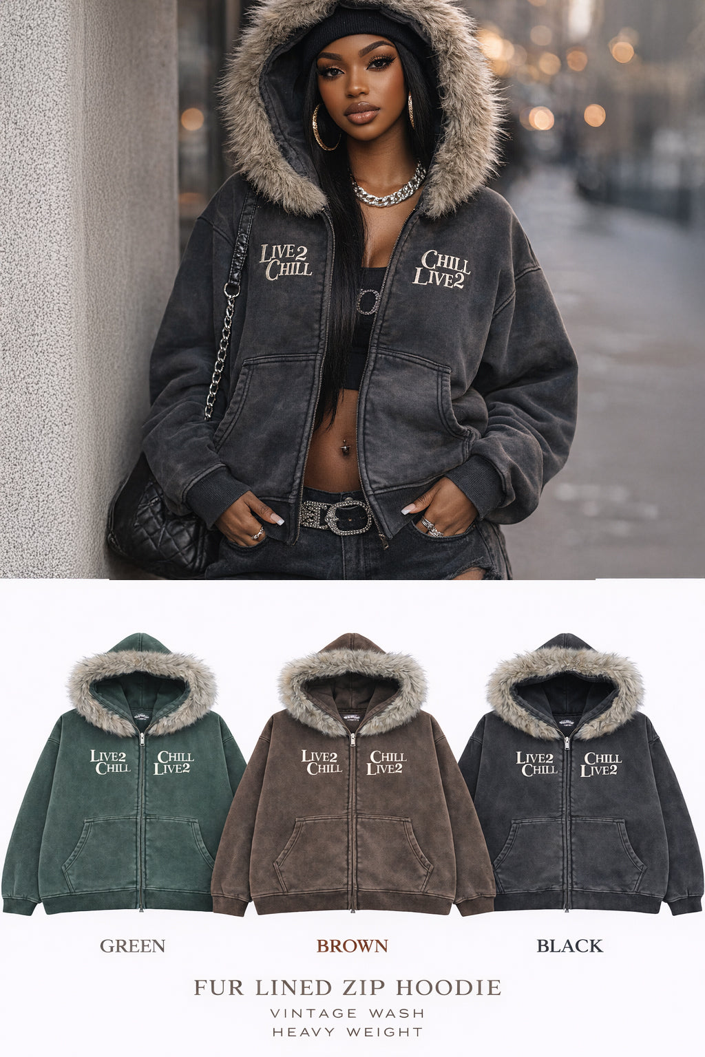 CHILLIN' -Removable Fur Zip Hoodie-