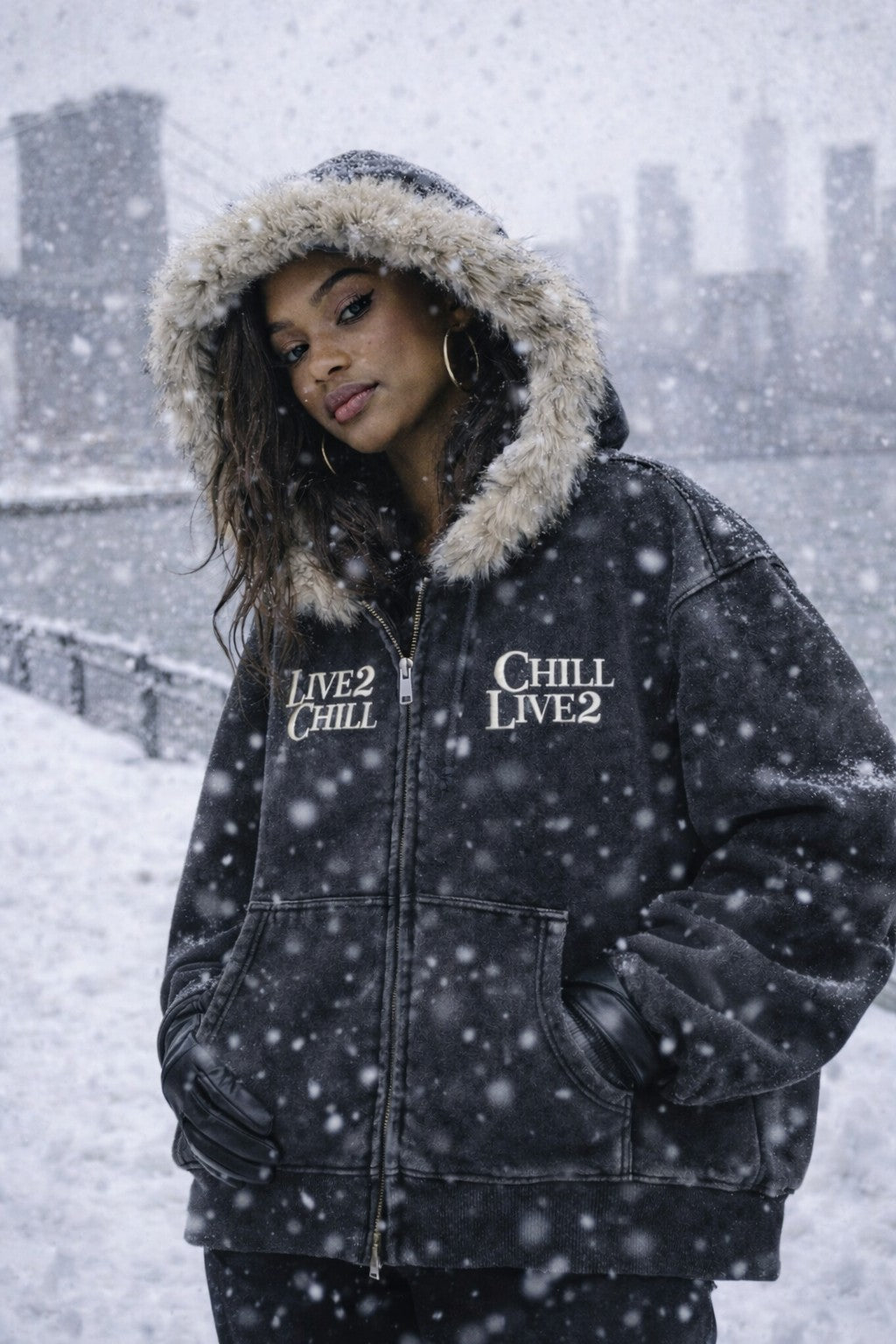 CHILLIN' -Removable Fur Zip Hoodie-