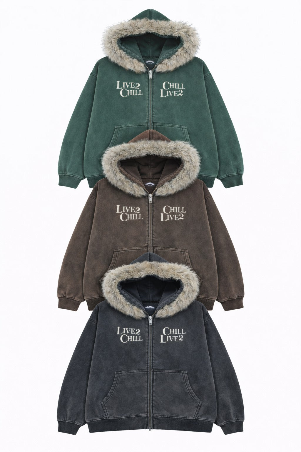 CHILLIN' -Removable Fur Zip Hoodie-